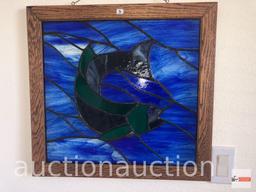 Stained glass window panel, fish motif, wood framed, 21"wx20"hx1"d