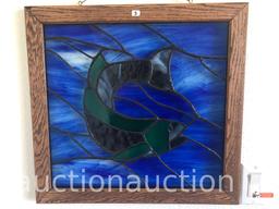 Stained glass window panel, fish motif, wood framed, 21"wx20"hx1"d