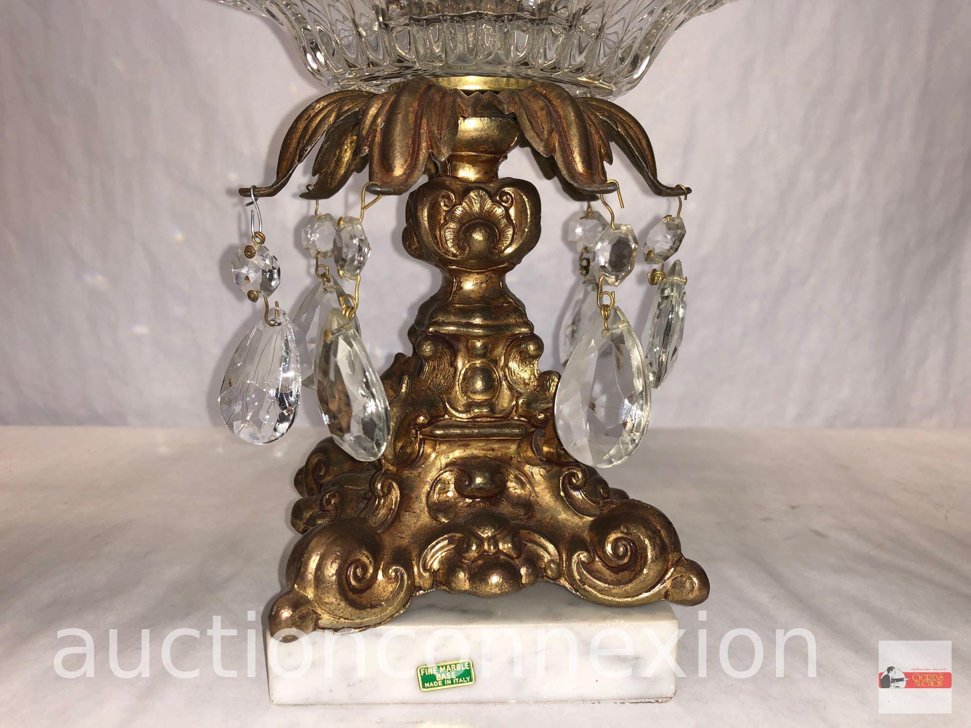 Ornate pedestal decor dish with prisms, Genuine Monarch crystal, made in West Germany on Marble base