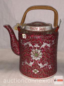 Enameled Asian tea pot with double handle
