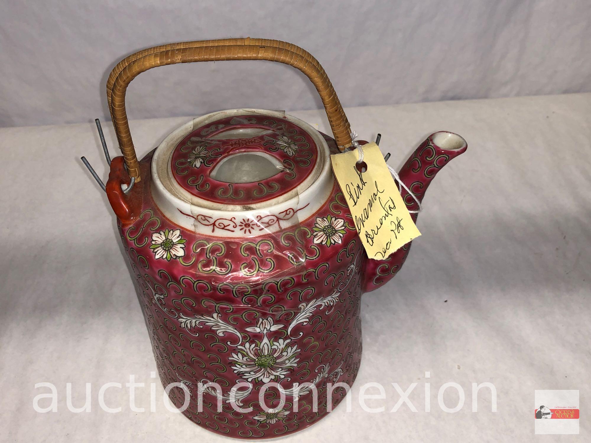 Enameled Asian tea pot with double handle