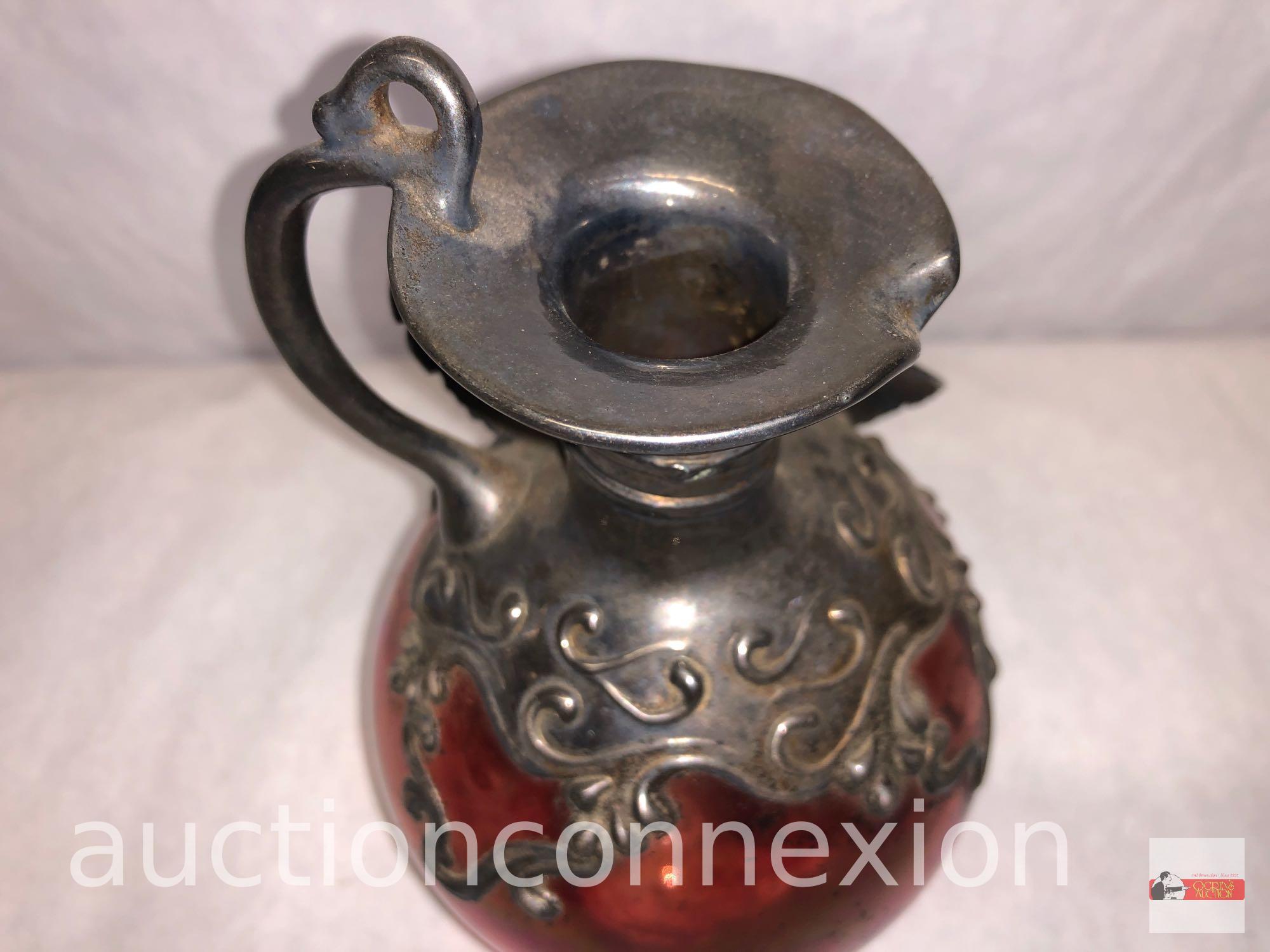 Pitcher - Hand blown glass pitcher with metal decor top