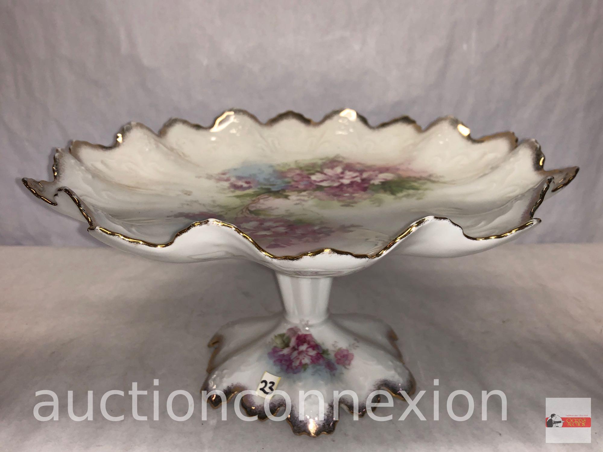Ornate Austria porcelain pedestal serving dish, ruffled rim, floral motif