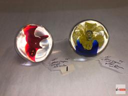 Paperweights - 2 art glass paperweights, red swirl 2.75"h, Yellow flower w/blue base 2.5"h