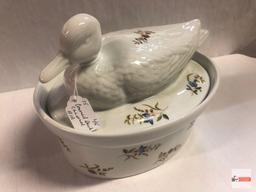 Glassware - 2 - BIA covered duck casserole 10"wx7"h and glass pheasant 11"wx6"h
