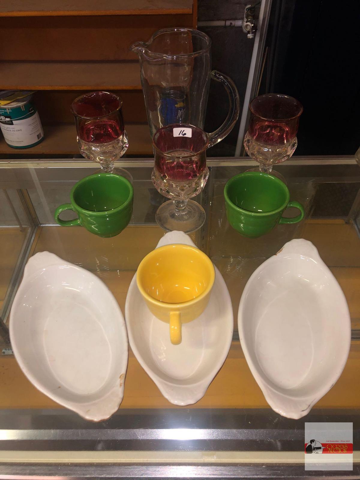 Dish ware - 10 items - 3 Hall oval dishes 9.25"wx5"w, 3 Fiesta cups 2.75"h, 3 Ruby flash goblets 5.5