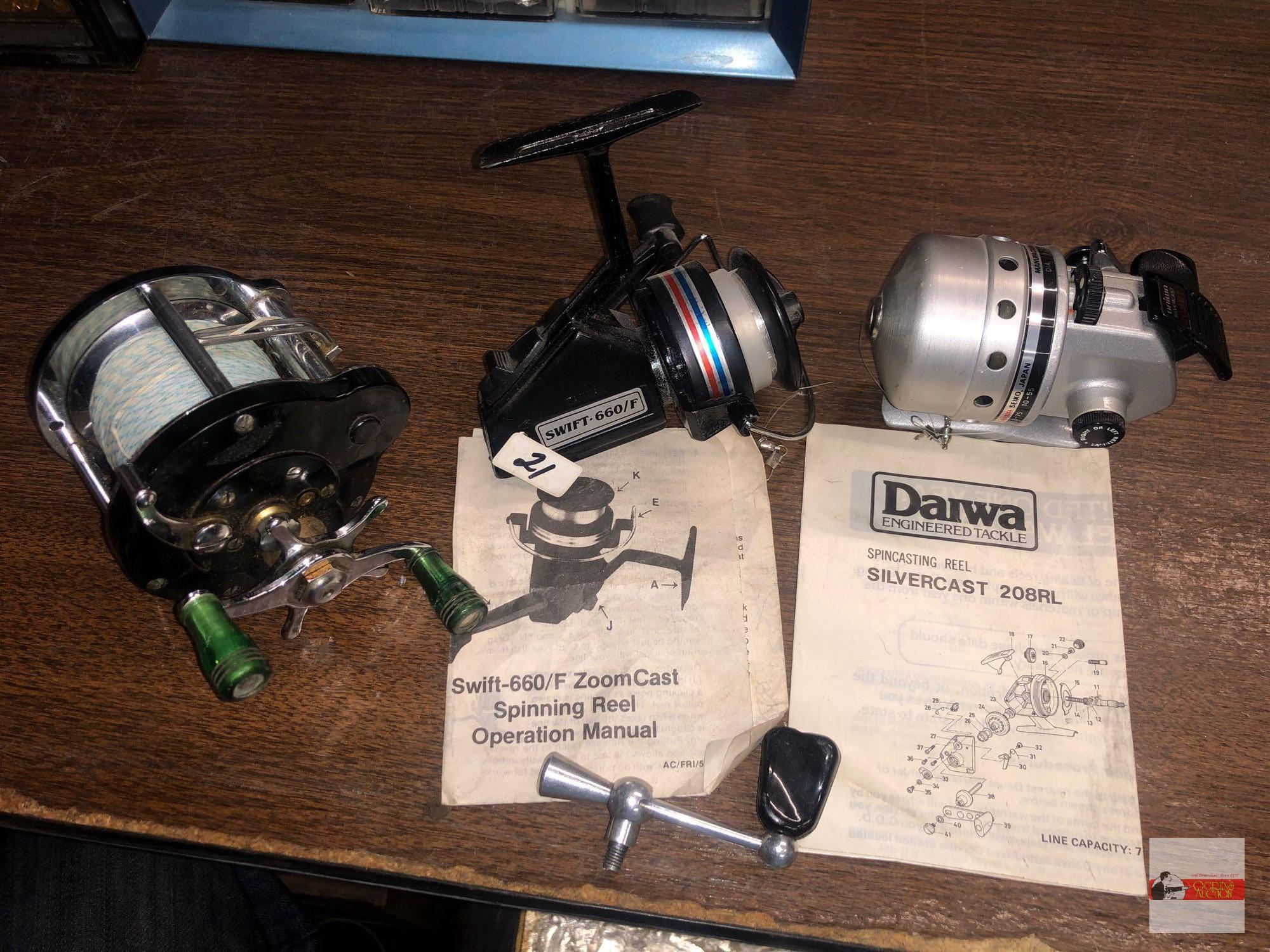 Fishing - 3 Reels - Daiwa spincasting Reel Silvercast 208RL, Swift 660F Zoom Cast reel, Ocean City