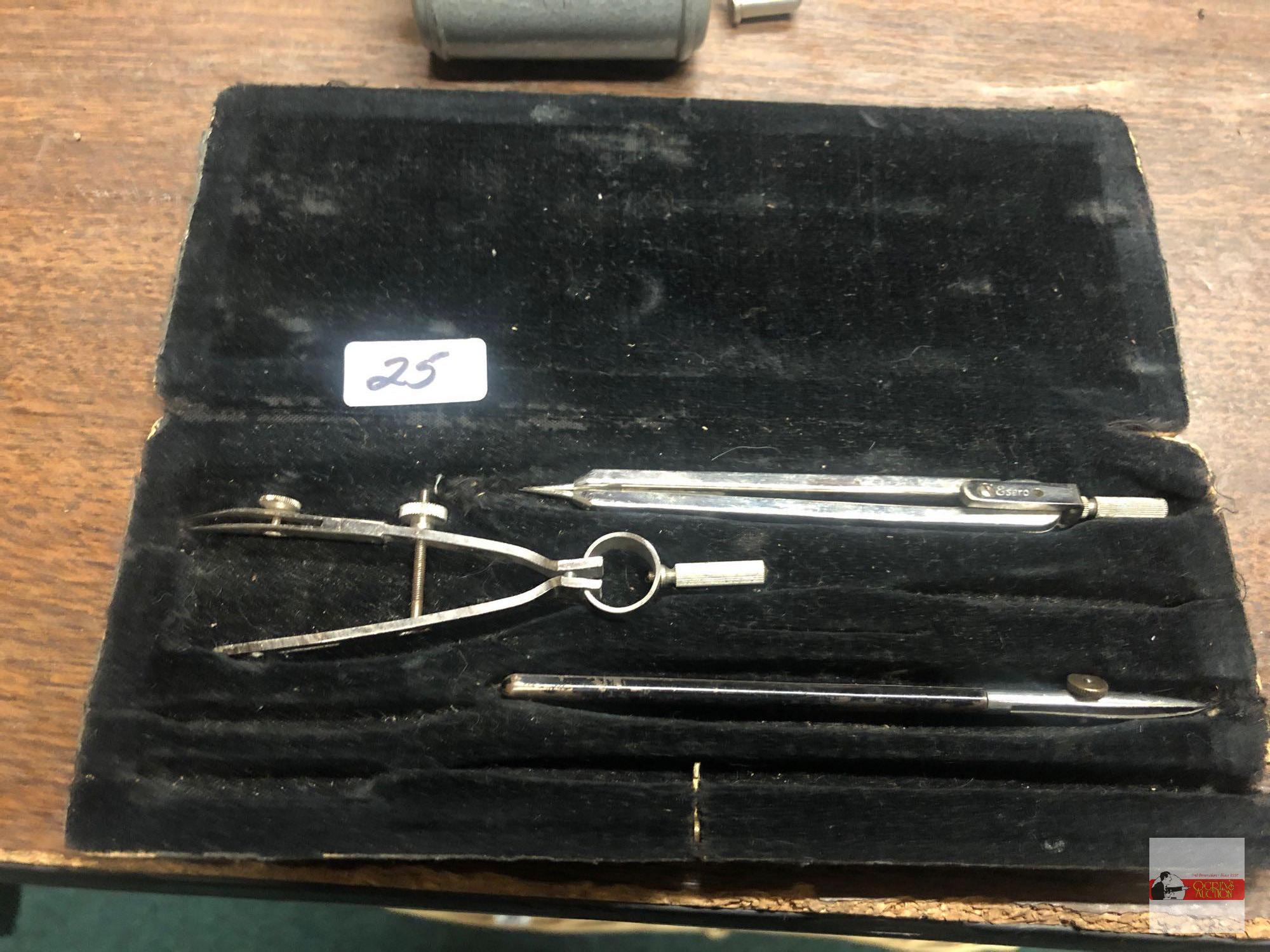 Esero Drafting tool set orig. case, vintage Twinplex double pencil sharpener
