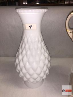 Collectibles - 3 - white milk glass vase 9.5"h and 2 porcelain trophy decor 11"h