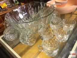 Glassware - Punch bowl and 12 cups, hooks and plastic ladle