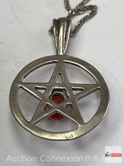 Jewelry - Necklace and pendant, Sterling silver, round star pendant w/red center stone