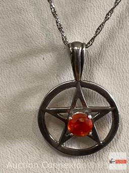 Jewelry - Necklace and pendant, Sterling silver, round star pendant w/red center stone