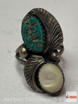 Jewelry - Ring, Native American Sterling, marked L. Jones, turquoise & mother of pearl, sz. 4