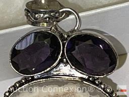 Jewelry - Lg. sterling Pendant .925, 2"hx1.5"w, e cut stone with 2 oval amethyst stones lg. geod