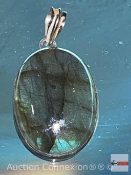 Jewelry - Pendant, Sterling silver bezel with mossy green cabochon