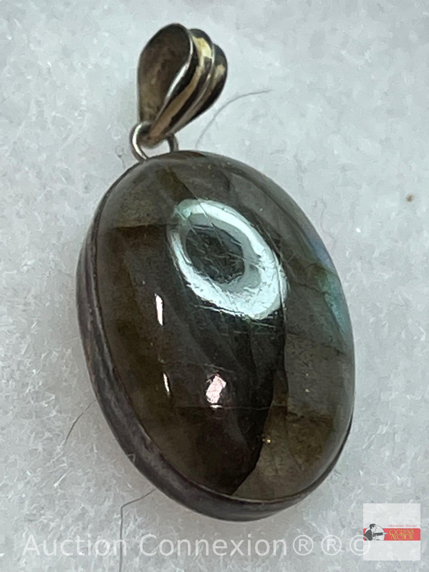 Jewelry - Pendant, Sterling silver bezel with mossy green cabochon