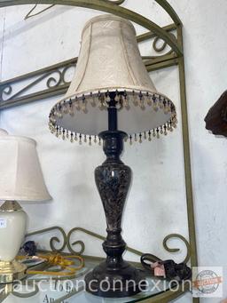 3 Lamps with shades, 15"h, 3 way touch lamp 18.5"h w/pleated shade, 27"h w/beaded rim shade