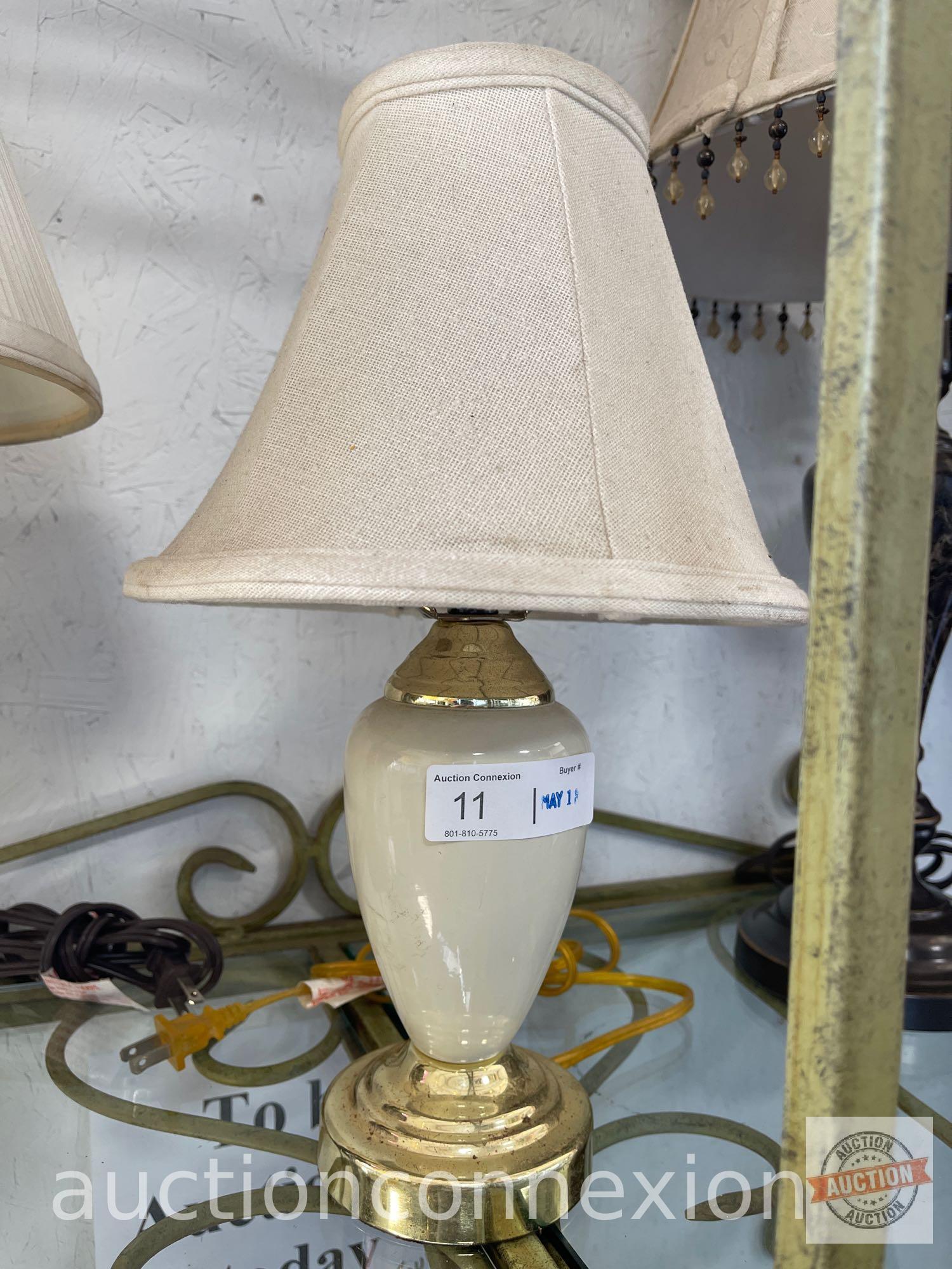 3 Lamps with shades, 15"h, 3 way touch lamp 18.5"h w/pleated shade, 27"h w/beaded rim shade