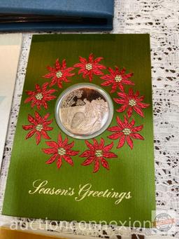 Franklin Mint Album 1973 Holiday Cards, solid bronze coins, Peace, Glory to God, Happy Hanukkah, Sea