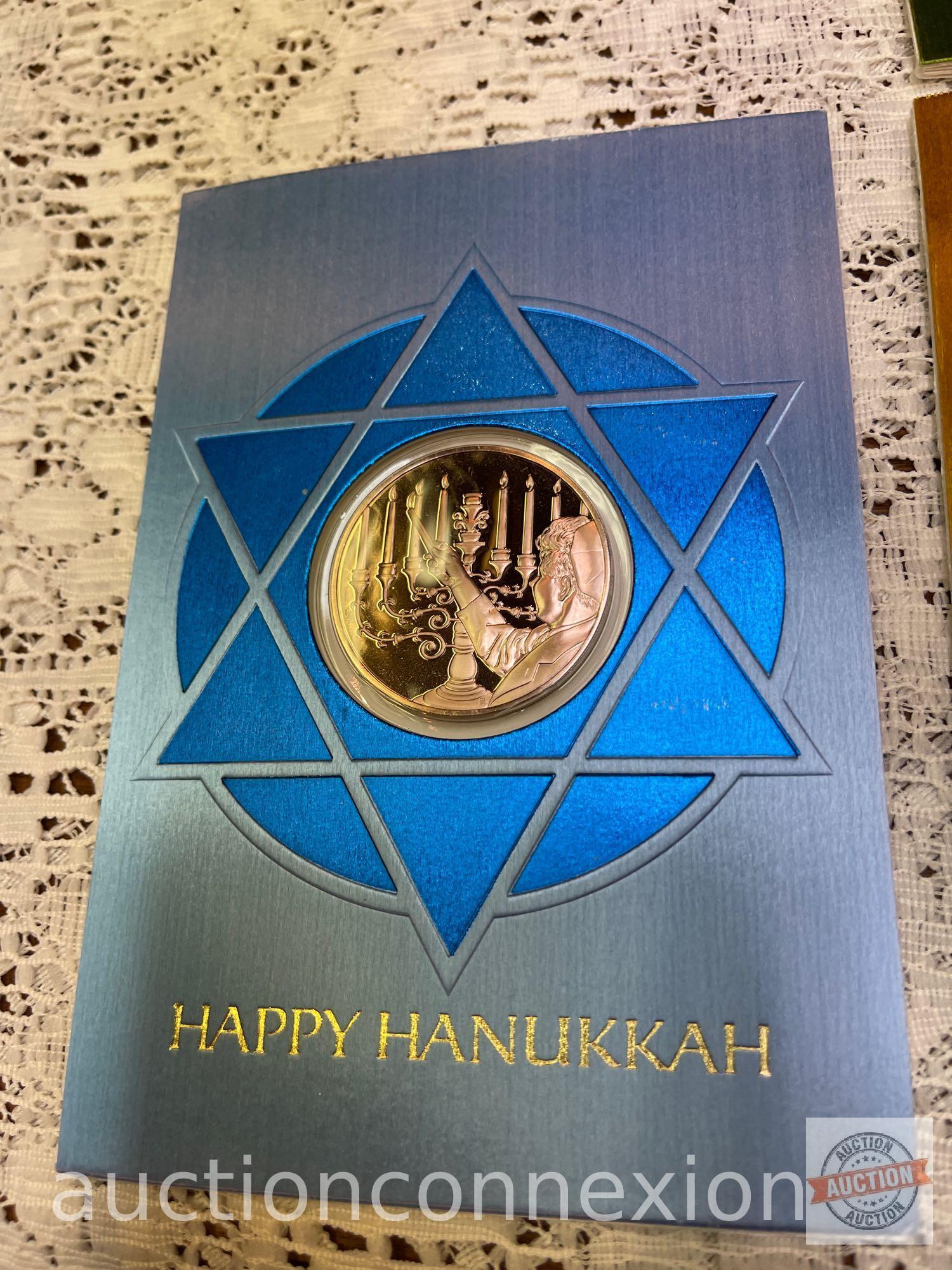 Franklin Mint Album 1973 Holiday Cards, solid bronze coins, Peace, Glory to God, Happy Hanukkah, Sea