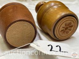 2 Wooden butter stampers 2.5"h & 3"h