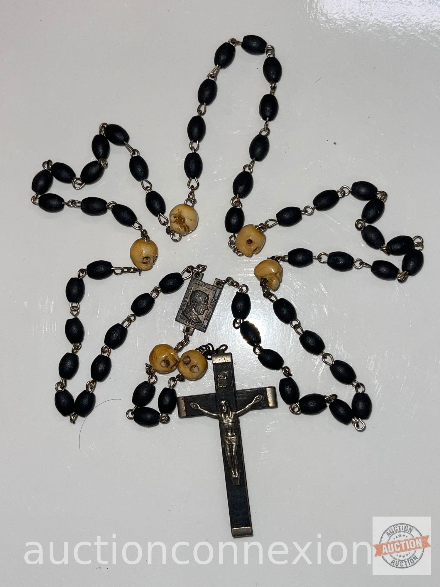 Jewelry - Rosary, 7 bone skulls and wooden beads, Italy