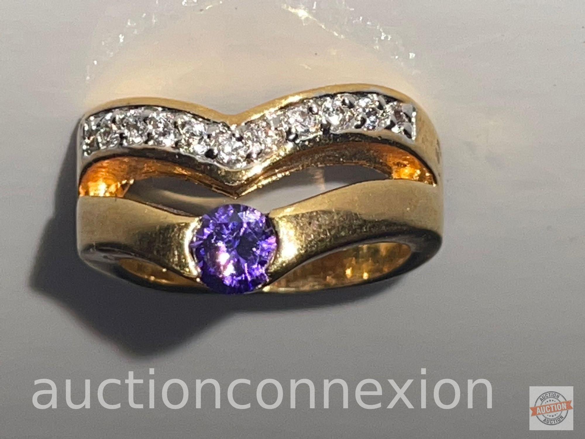 Jewelry - Fashion Cocktail Ring, 14k gold electroplated cubic zirconia, single purple solitaire w/12