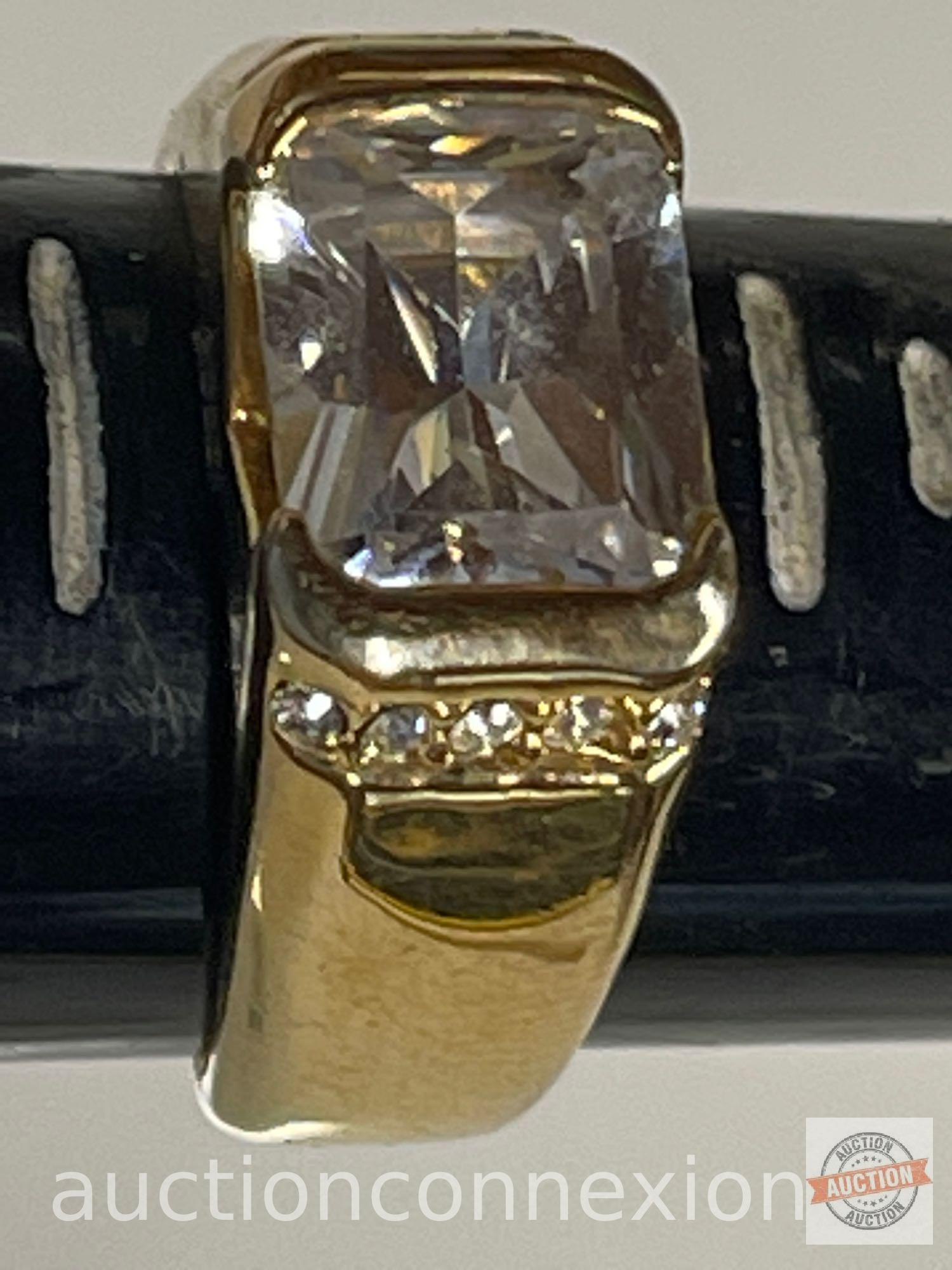 Jewelry - Fashion Cocktail Ring, 14k gold electroplated cubic zirconia, Single clear emerald cut