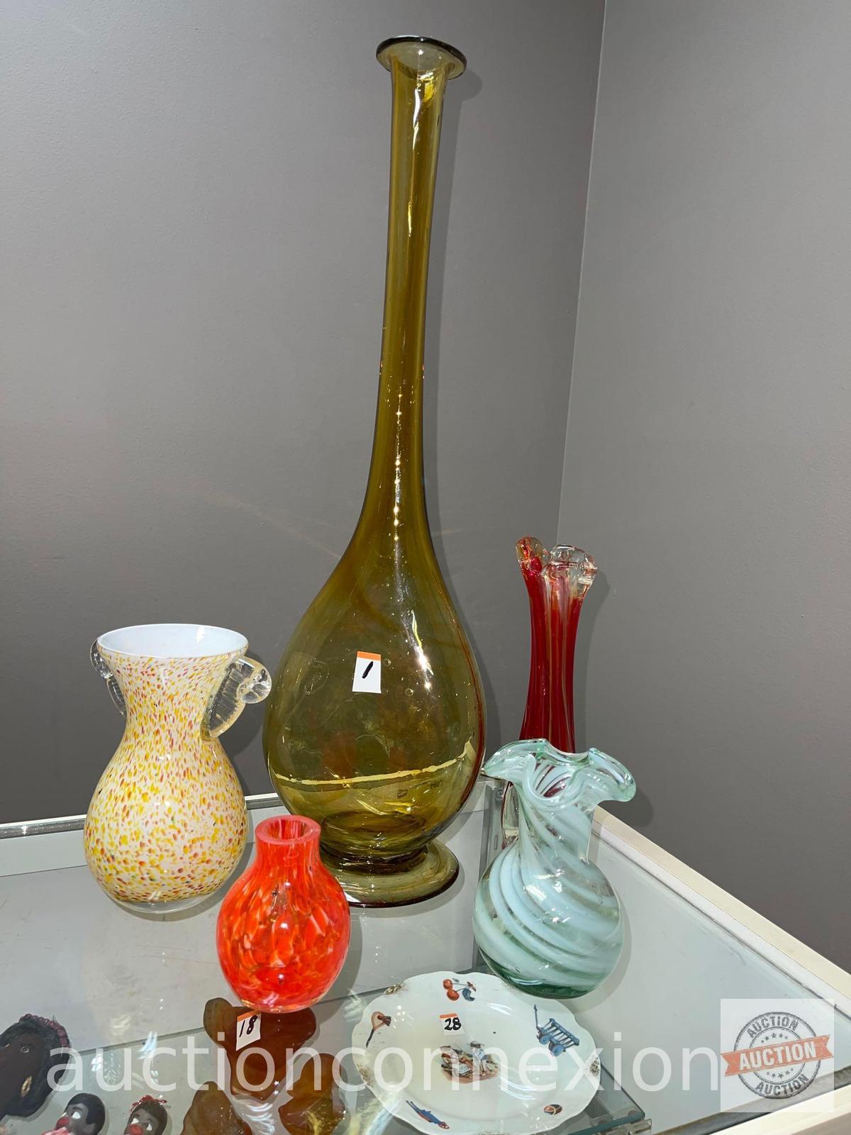 5 Art glass vases, some hand blown, 20.5" tall amber color, 3.5", 5.5", 6.5", 9"