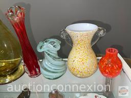 5 Art glass vases, some hand blown, 20.5" tall amber color, 3.5", 5.5", 6.5", 9"