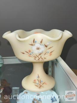 Fenton Pedestal bowl, ruffled rim, hand painted, signed, 6"hx7"w