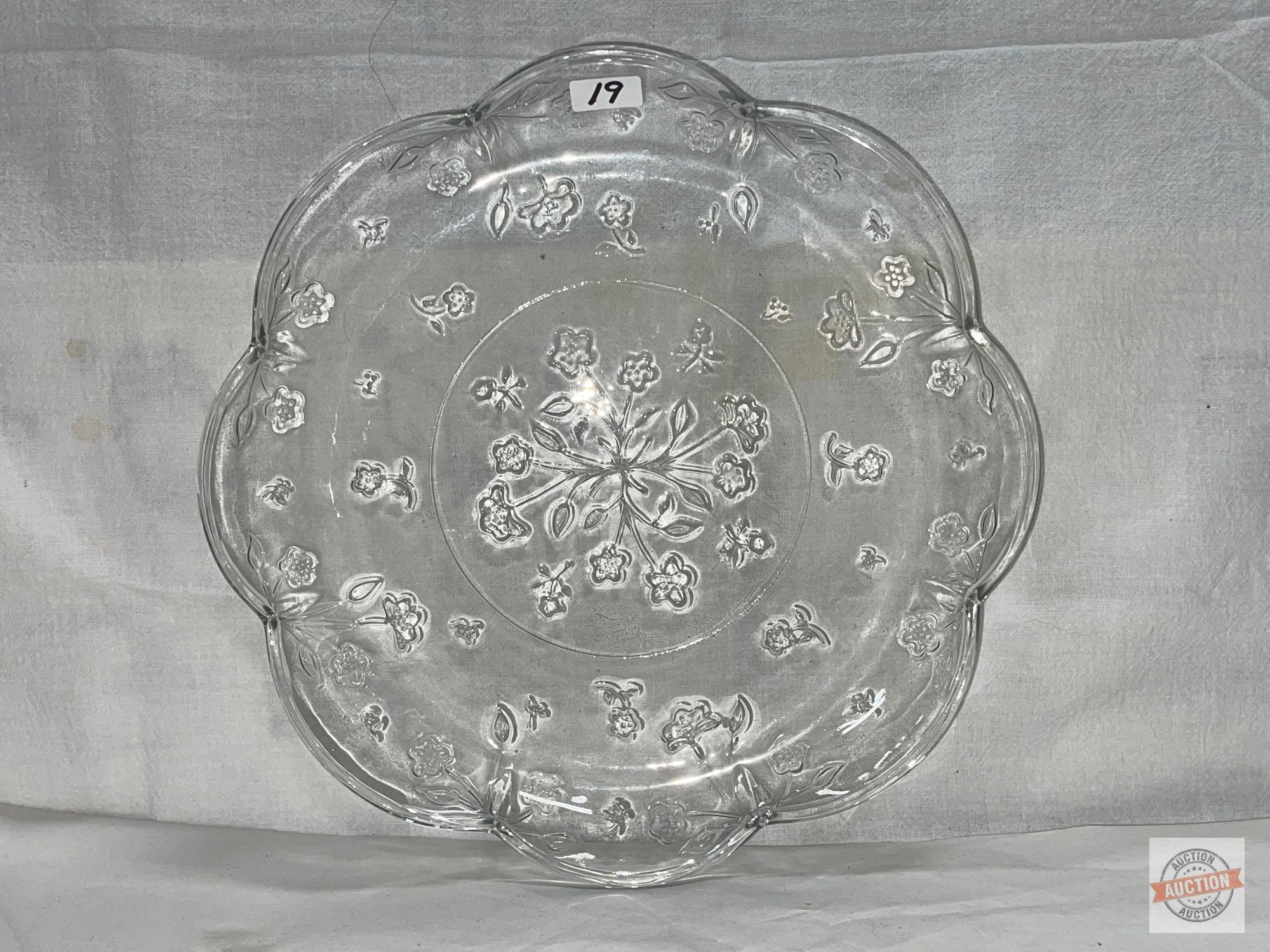 Glassware - Dish ware - 2 round serving platters, emossed designs, 12"w floral & 13"w Christmas Tree
