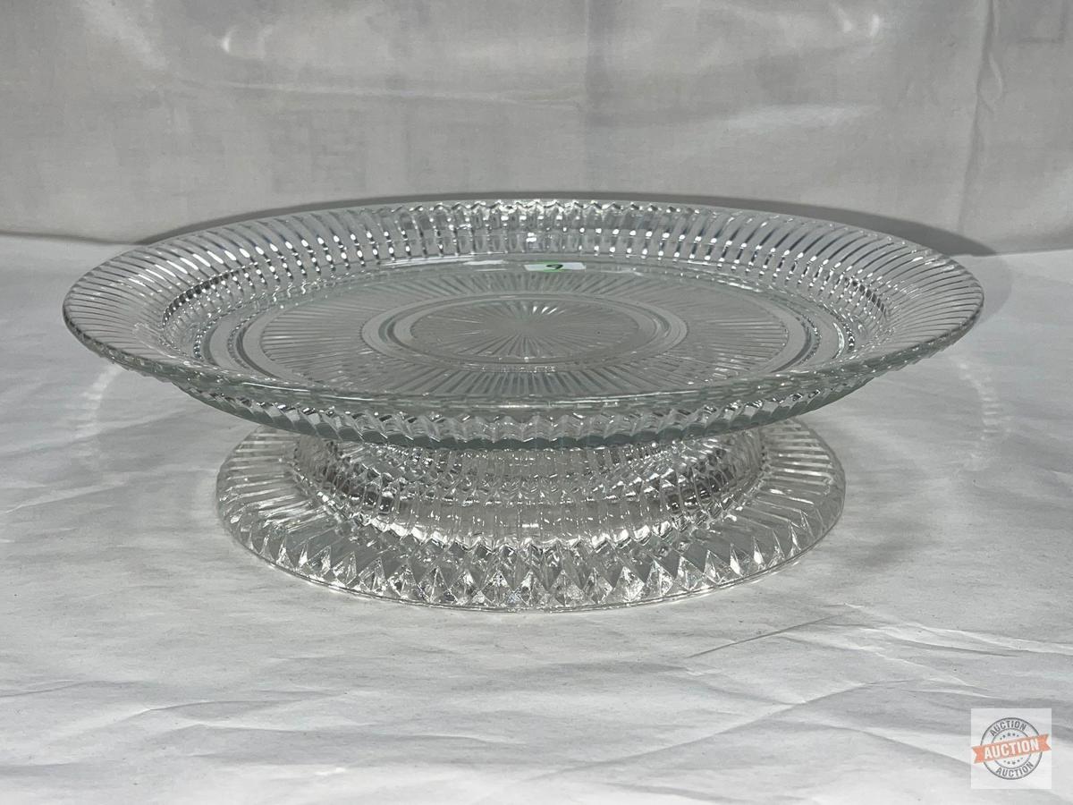 Glassware/Dish ware - Round 12"w ribbed platter & 9"w stand (chip on base rim)