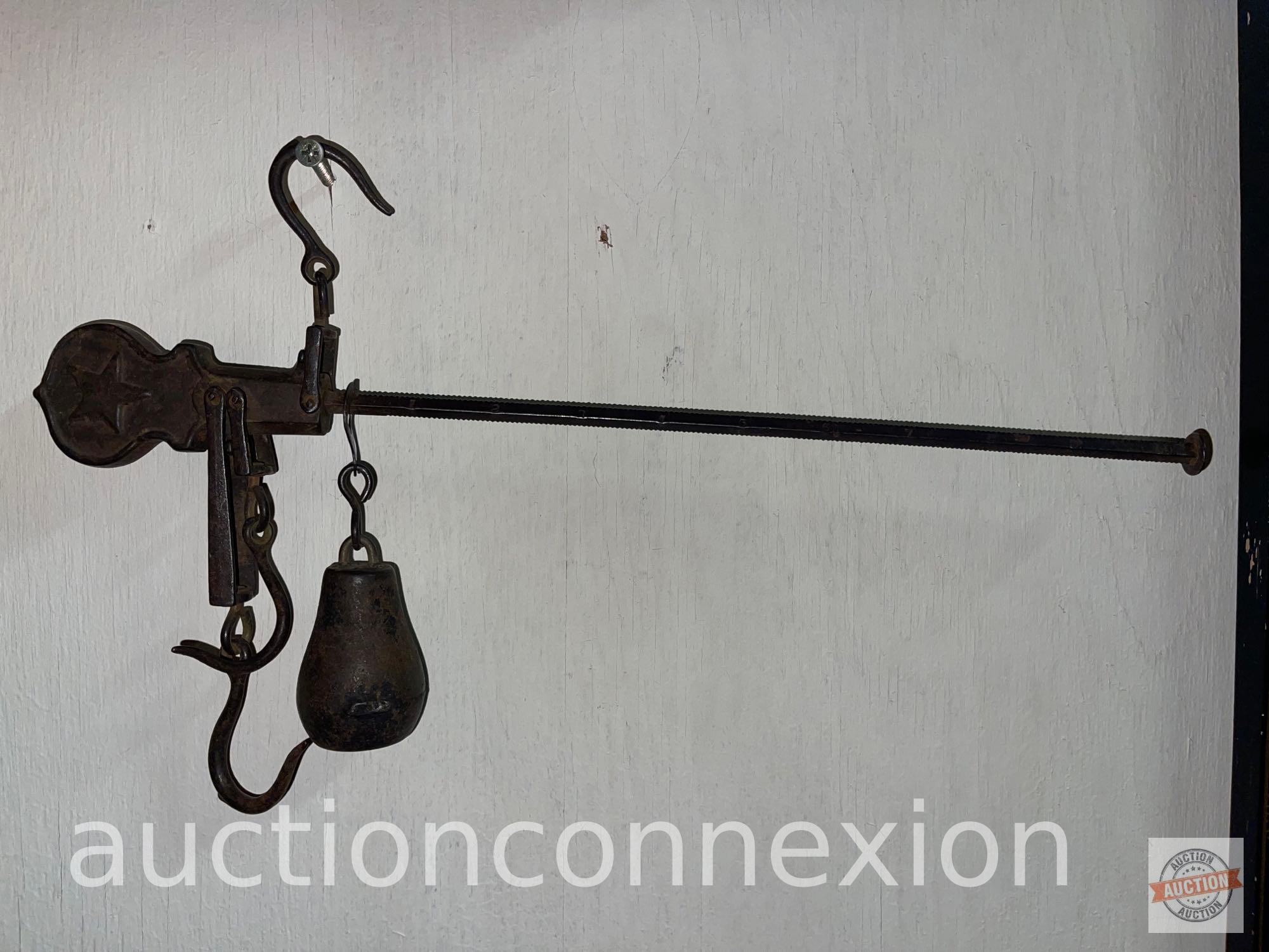 Vintage cast iron Balance scale with 3 hooks, Cotton or small Hide, Star Mark, 10 - 50 lbs, 17"