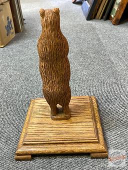 Carved Wooden Bear statue, 14"h on oak base, 9.5"square