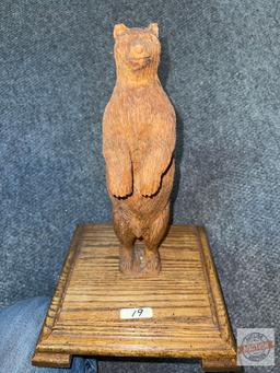 Carved Wooden Bear statue, 14"h on oak base, 9.5"square