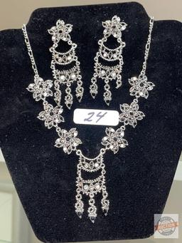 Jewelry - Rhinestone costume necklace with matching earrings, missing a dangle on earring