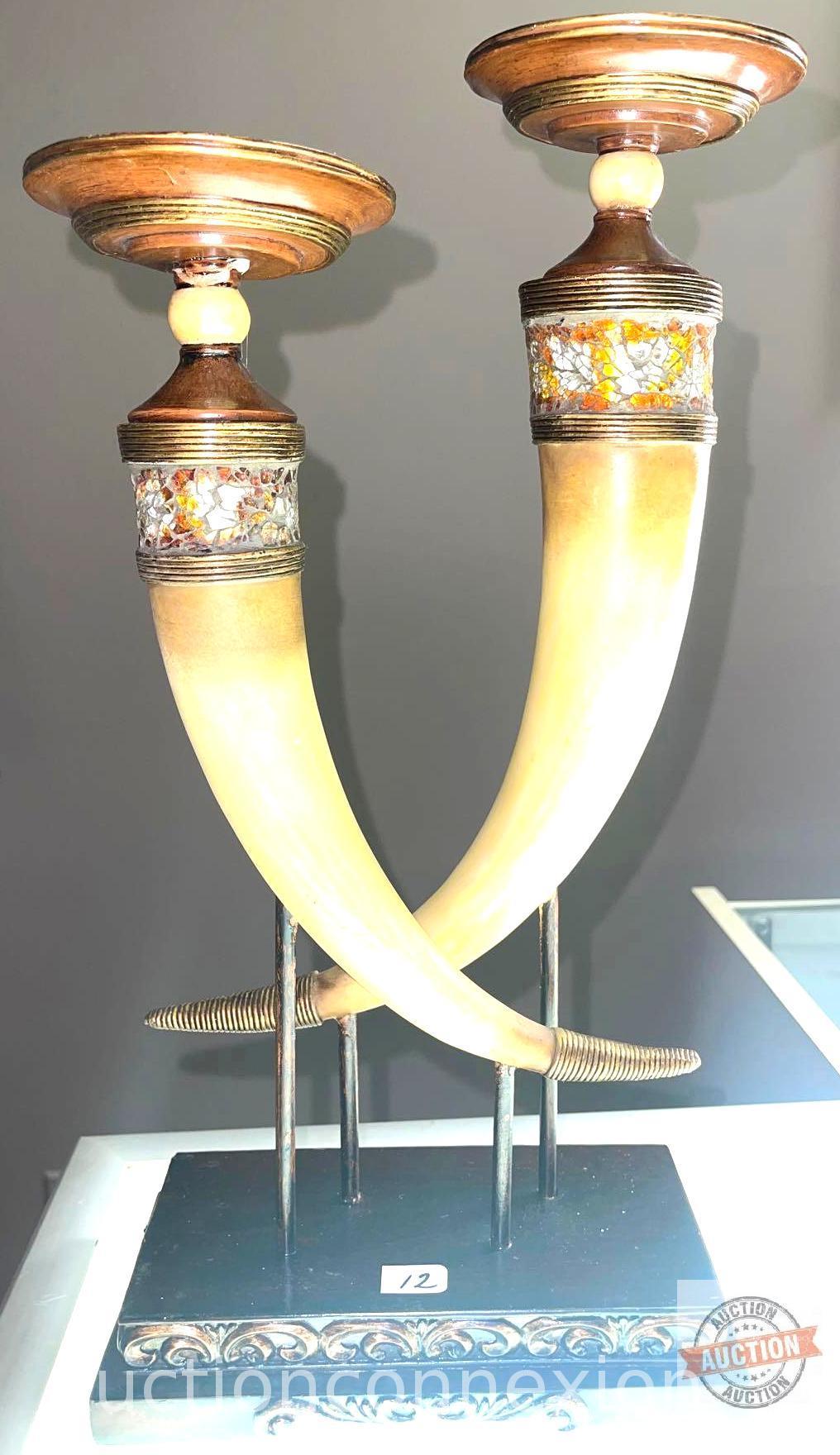 Faux horn double candle holder