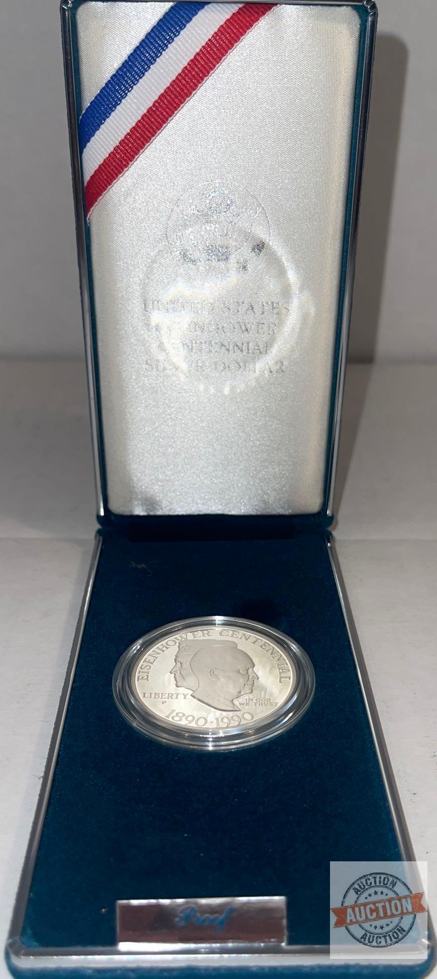 Silver - 1990p Silver Proof Dollar, US Eisenhower Centennial Coin