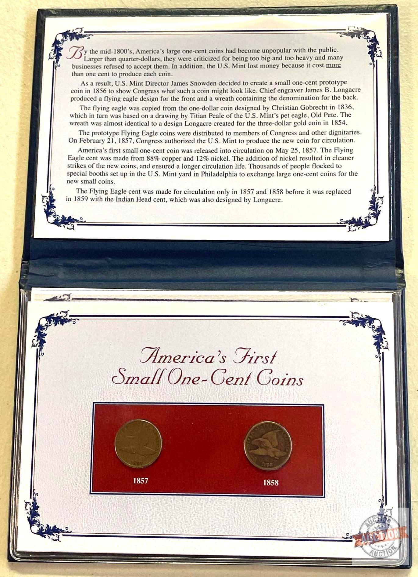 One-Cent - 2 coins - 1857 and 1858 Flying Eagle, America's First Small One-Cent Coins - PCS Folio