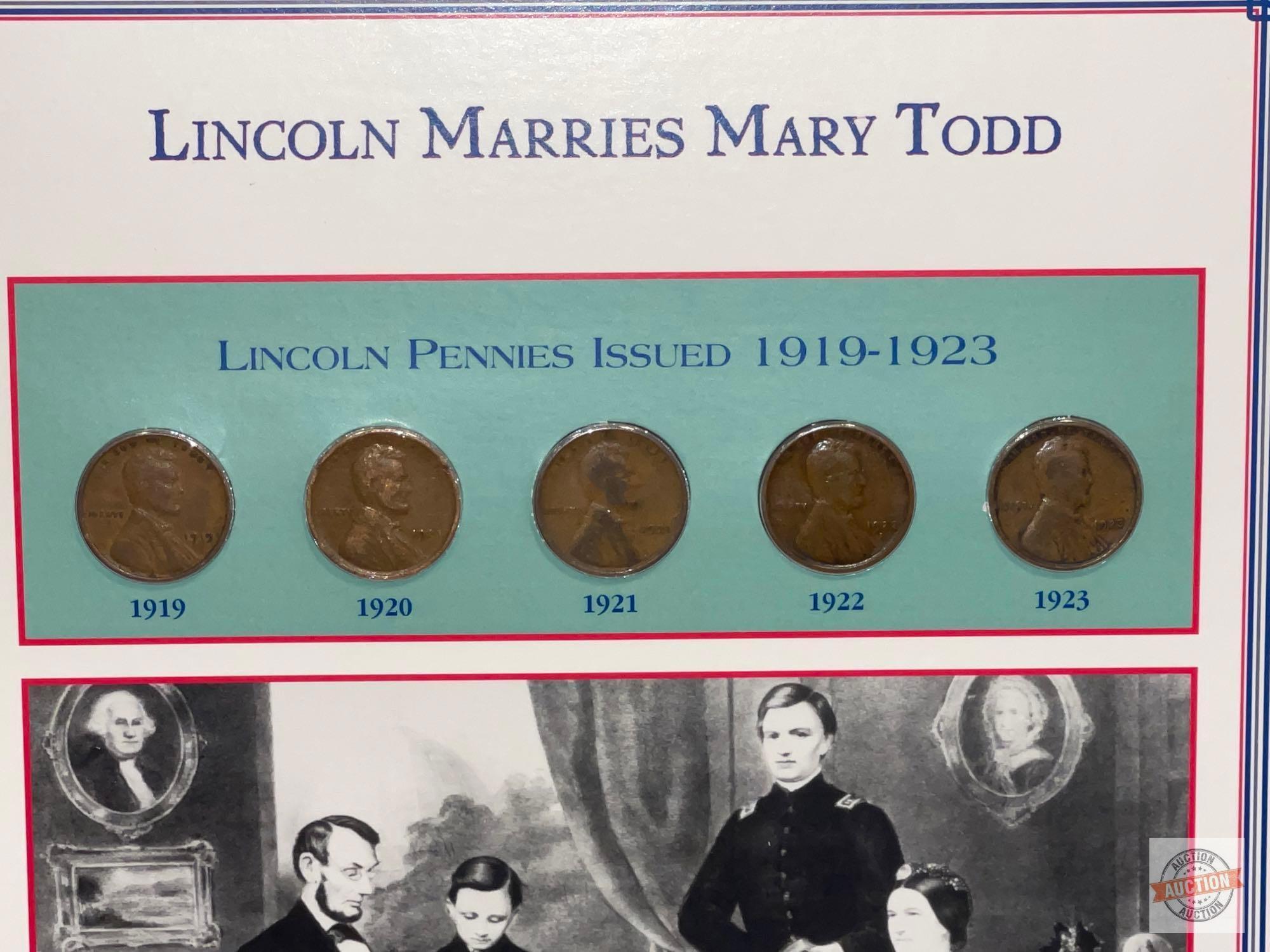 The Lincoln Coins & Stamps, 1909-1958, 10 Sheets of 5 coins and stamps