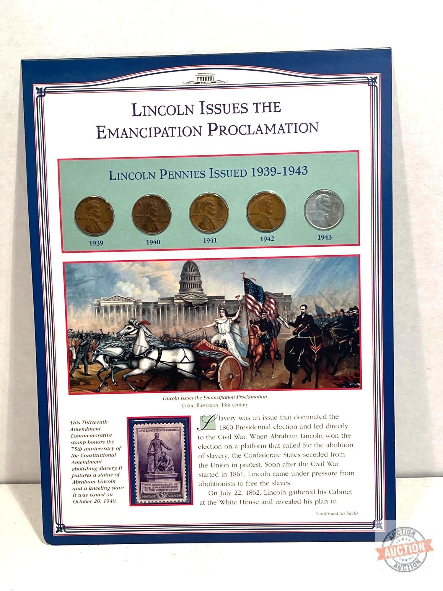 The Lincoln Coins & Stamps, 1909-1958, 10 Sheets of 5 coins and stamps