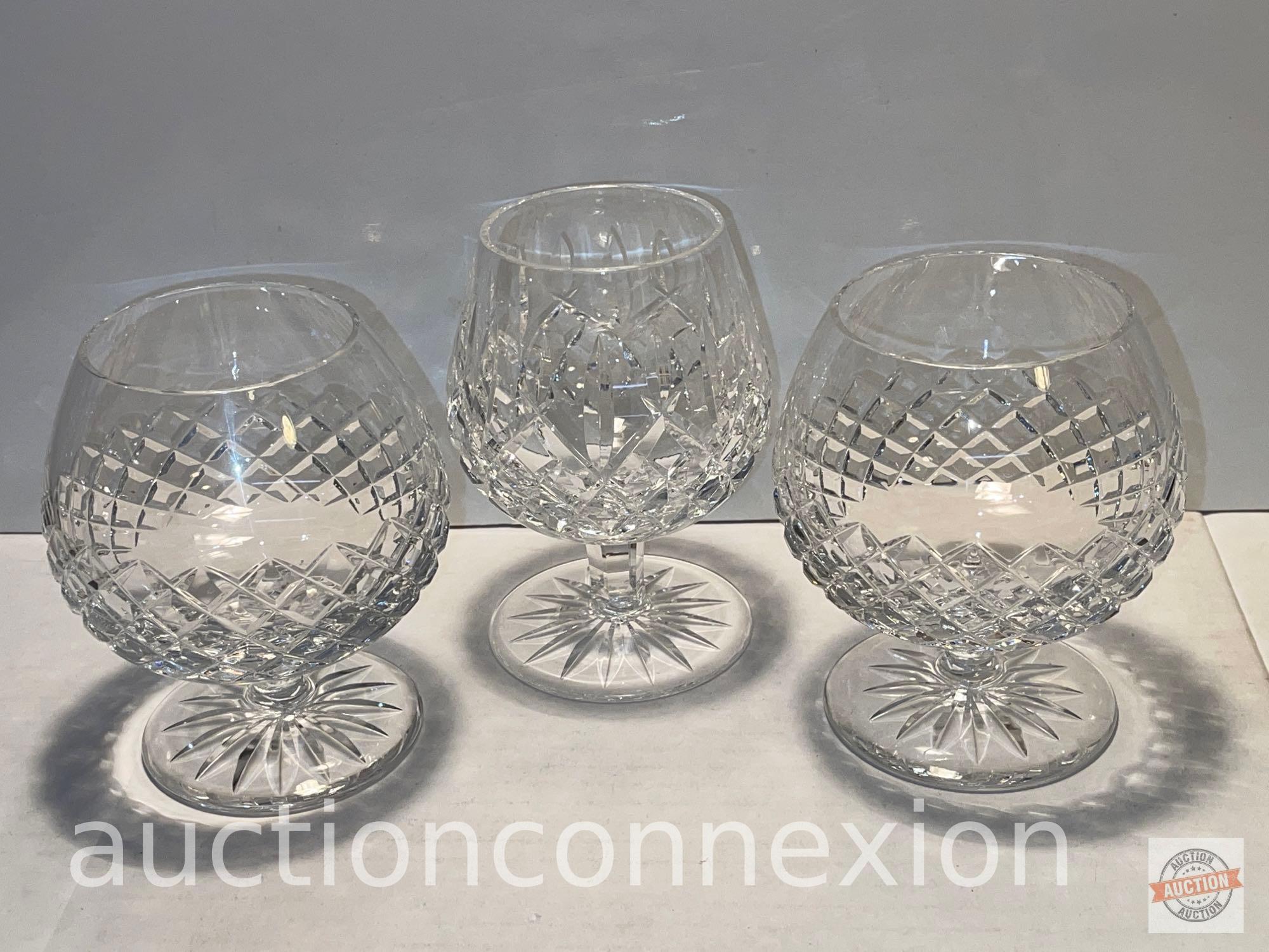 3 brandy stemware glasses, 1 marked Waterford