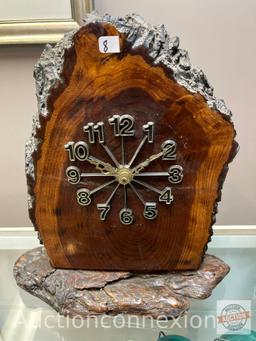 Clocks - 2 Large Redwood slab clocks, 1 no works