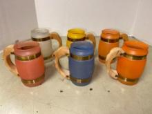 Six Vintage Glass Barrel Drinking Glasses w/Wooden Handles