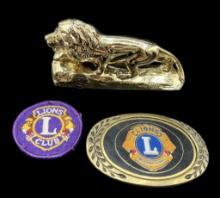 Lions Club Belt Buckle, Paperweight, and Patch