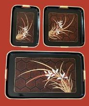 Set of (3) Japanese Black Lacquer Nesting Trays