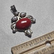 Sterling Silver Pendant with Pearls and Red Tone Stone