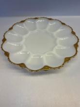 Vintage Deviled Egg Plate With White Milk Glass and Gold Plated Trim