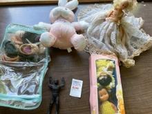 Dolls, stuffed rabbit, doll shoes